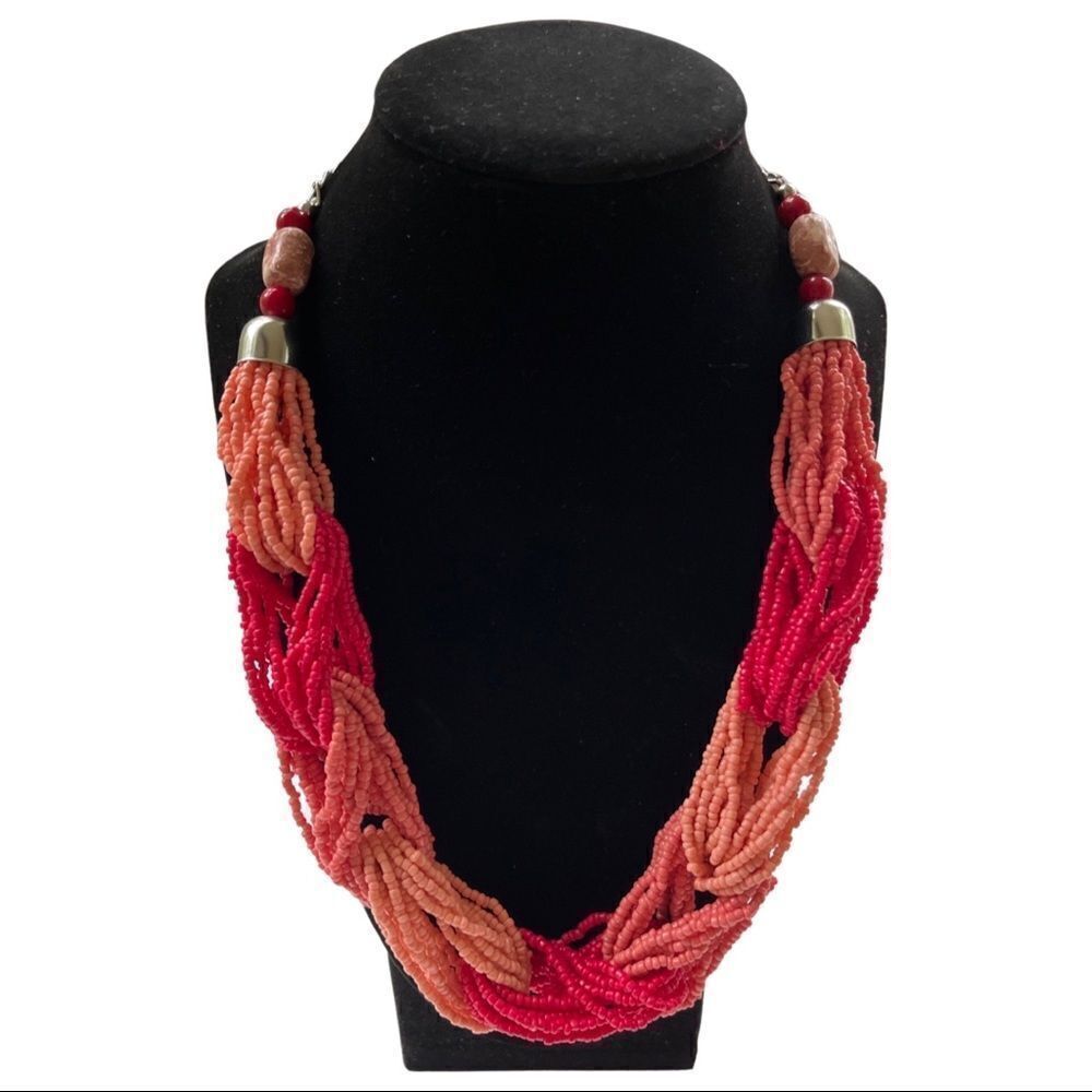 Multi Strand Intertwined Seed Bead Statement Necklace • Coral Tones • NWOT